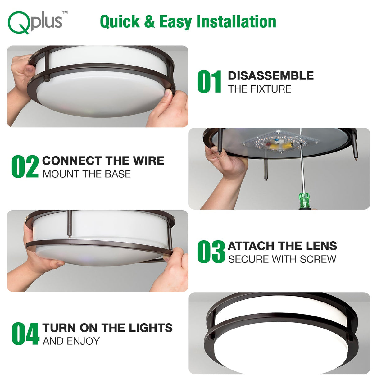 QPlus Plafonnier LED encastré 30,5 cm, double anneau 15 W 1250 lm, 3 CCT (3 000 K/4 000 K/5 000 K/interrupteur), intensité variable, résistant à l'humidité