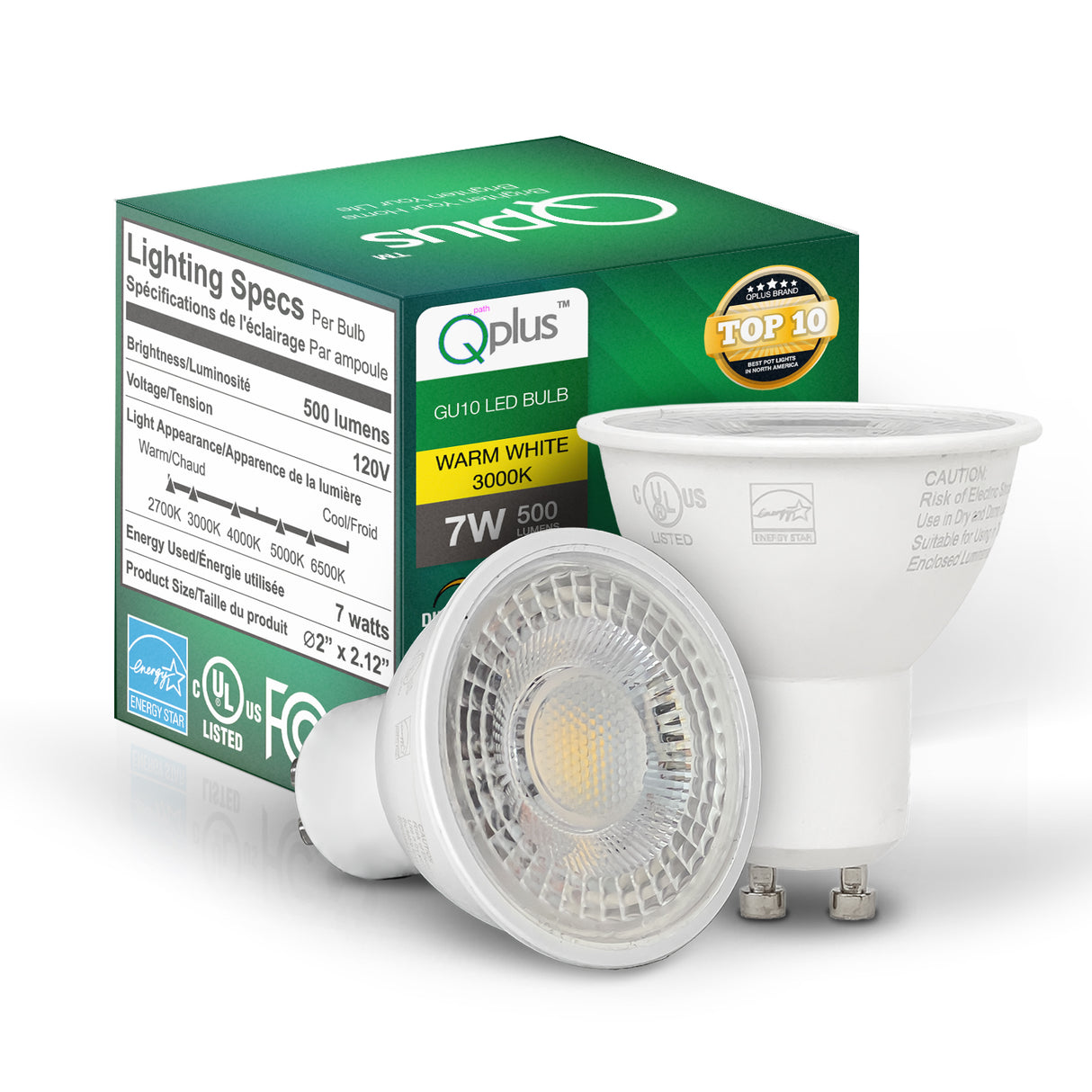 Ampoule LED QPlus GU10 sur rail, 7 W, 500 lm, 1 CCT (3 000 K/5 000 K), angle de faisceau 40°, intensité variable, certifié Energy Star, liste UL, garantie 3 ans