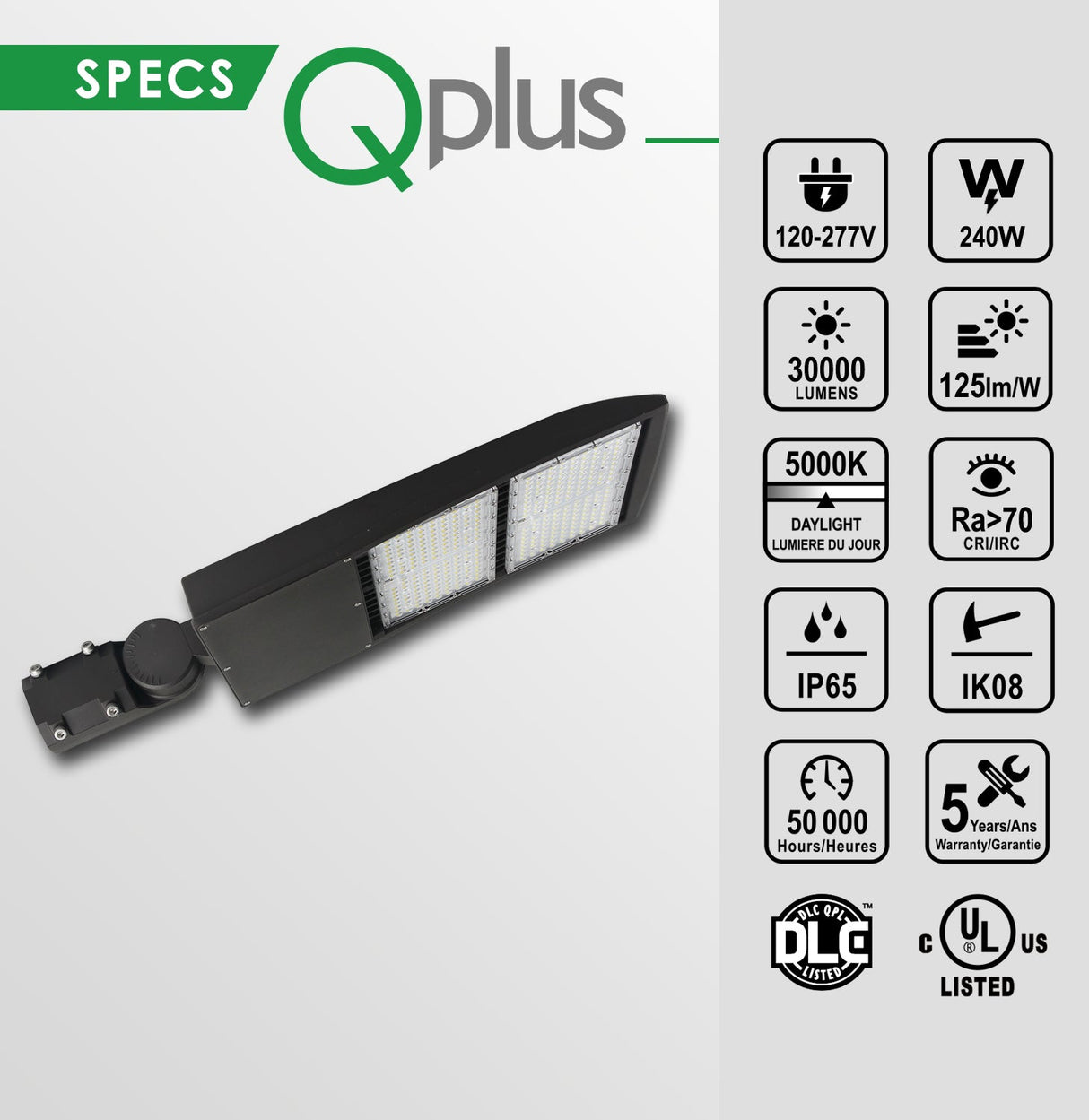 QPlus LED Parking Shoebox Luminaire sur poteau Lumière du jour Blanc 5000K en 240W et 300W