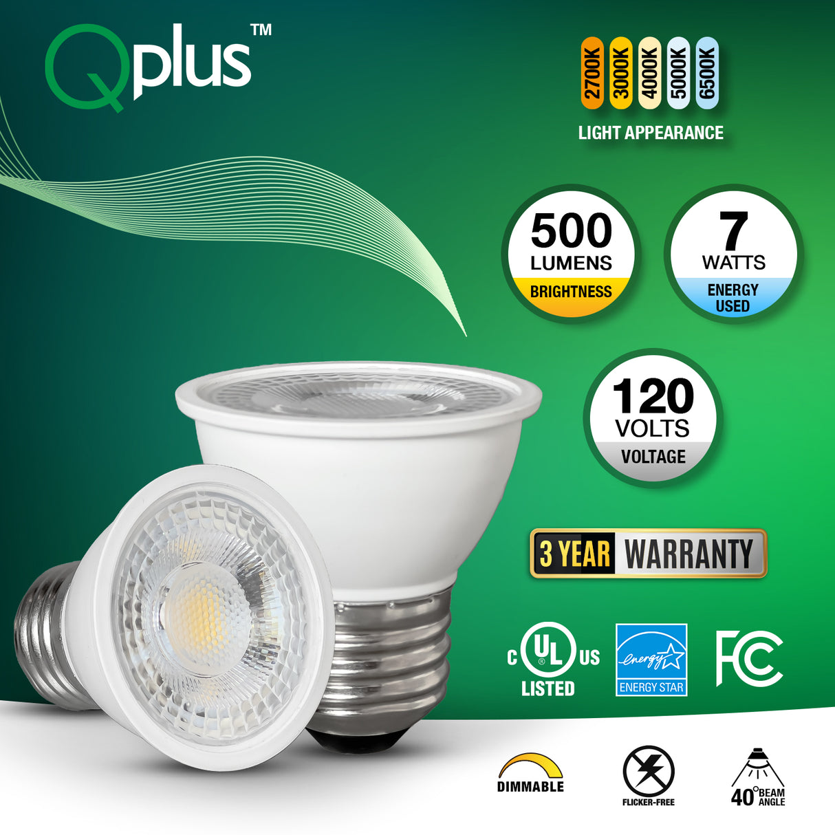 Ampoule LED encastrable QPlus PAR16, 7 W, 500 lm, 1 CCT (2 700 K/3 000 K/4 000 K/5 000 K/6 500 K), angle de faisceau 40°, intensité variable, culot à vis moyen E26, col court, certifié Energy Star, liste UL, garantie 3 ans.