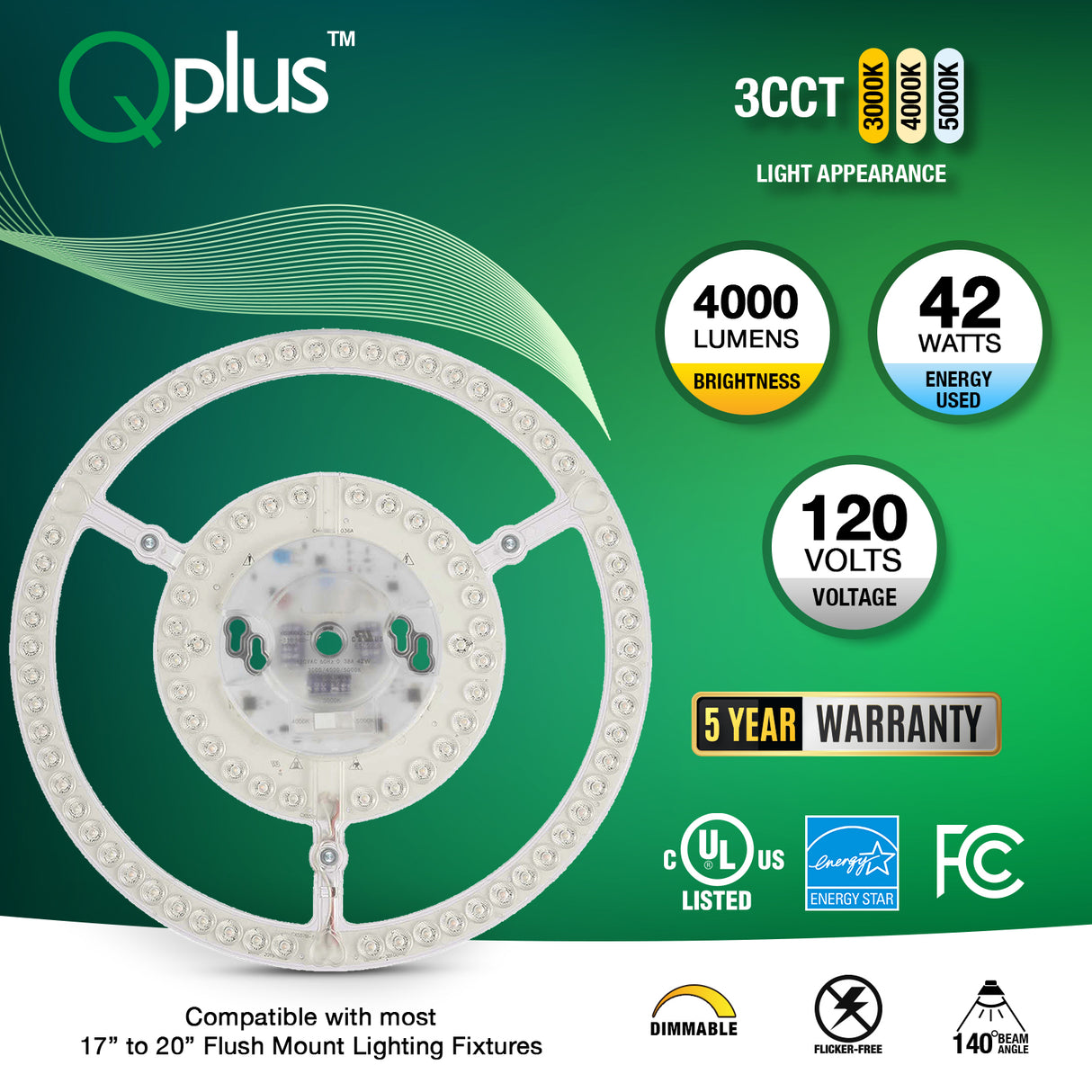 QPlus Panneau de module circulaire LED, lumière de remplacement, 12,2 pouces, 42 W, 4000 lm, 3 CCT (3000 K/4000 K/5000 K), variable, compatible avec les luminaires encastrés de 17 à 20 pouces, certifié Energy Star, répertorié UL, garantie de 5 ans