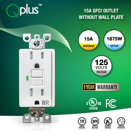 QPlus Prise de courant GFCI 15 A inviolable et résistante à l'eau avec indicateur LED 1875 W – Certifié UL