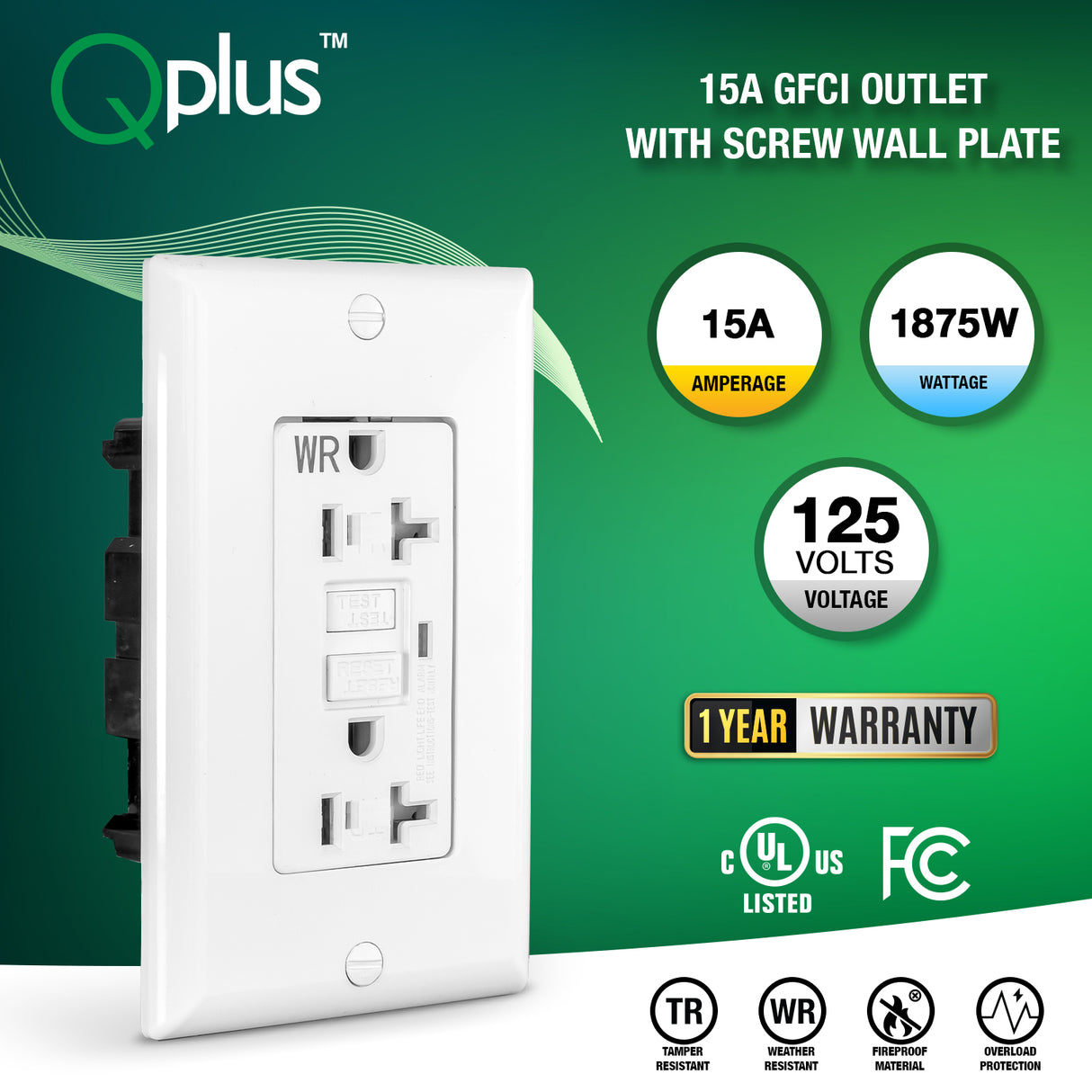 QPlus Prise de courant GFCI 15 A inviolable et résistante à l'eau avec indicateur LED 1875 W – Certifié UL