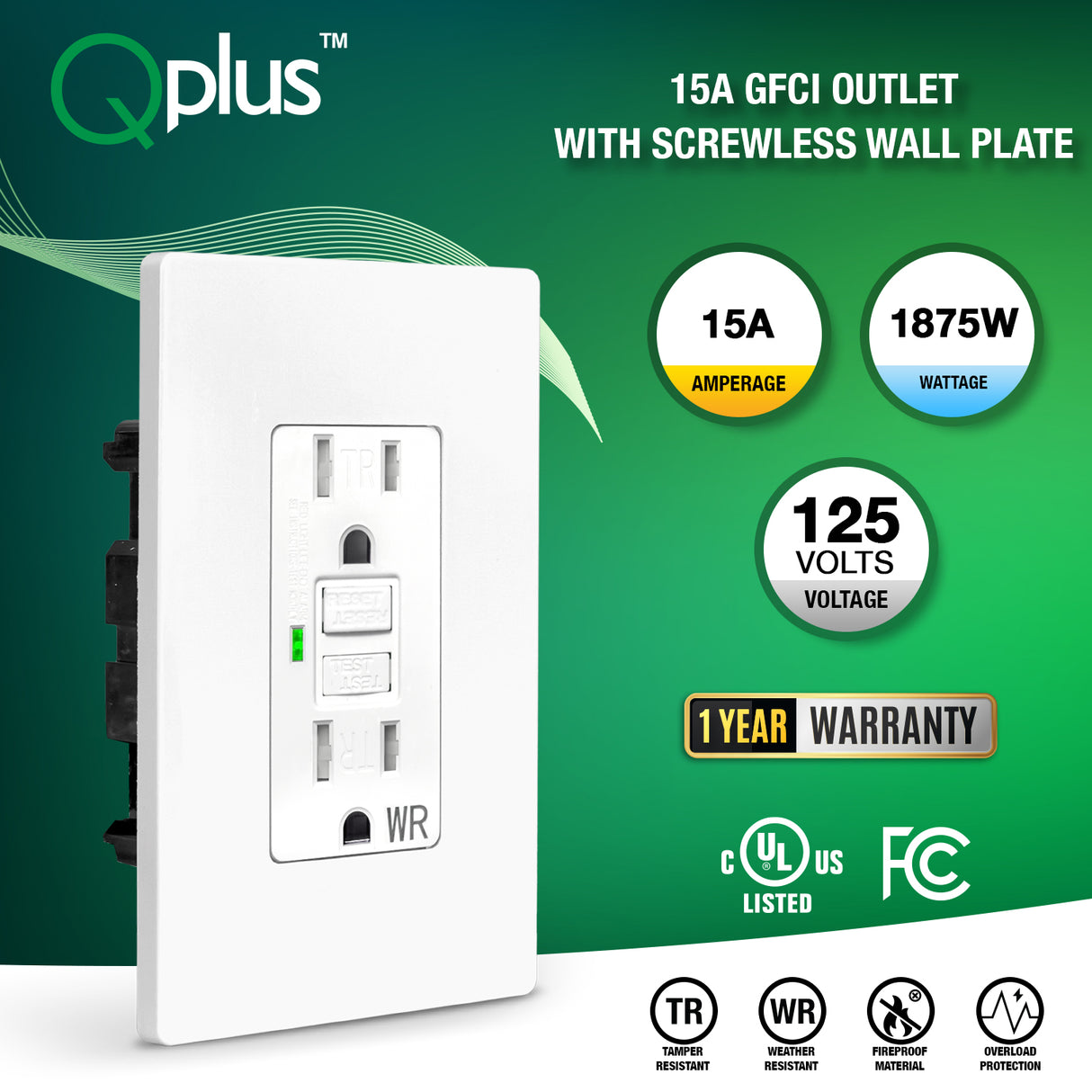 QPlus Prise de courant GFCI 15 A inviolable et résistante à l'eau avec indicateur LED 1875 W – Certifié UL