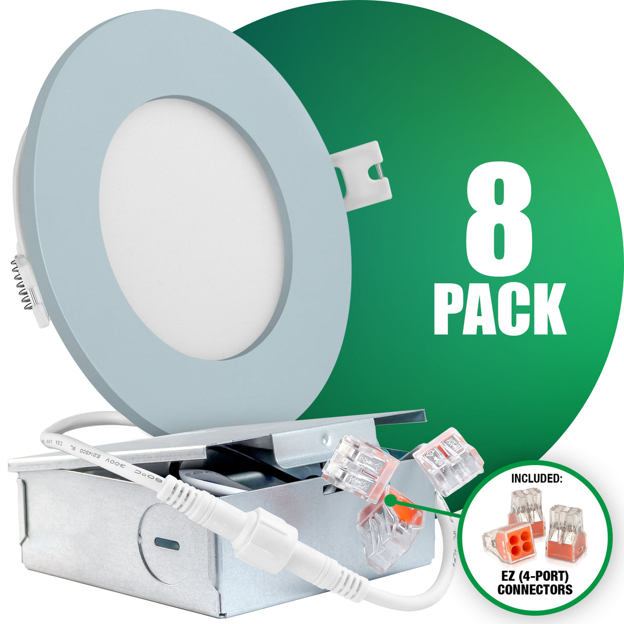 QPlus Spot LED encastrable fin de 10,2 cm avec boîte de jonction en métal, 10 W, 750 lm, CCT unique, intensité variable, certifié Energy Star, homologué ETL, classé IC, emplacement humide, garantie de 5 ans, bordure bleue