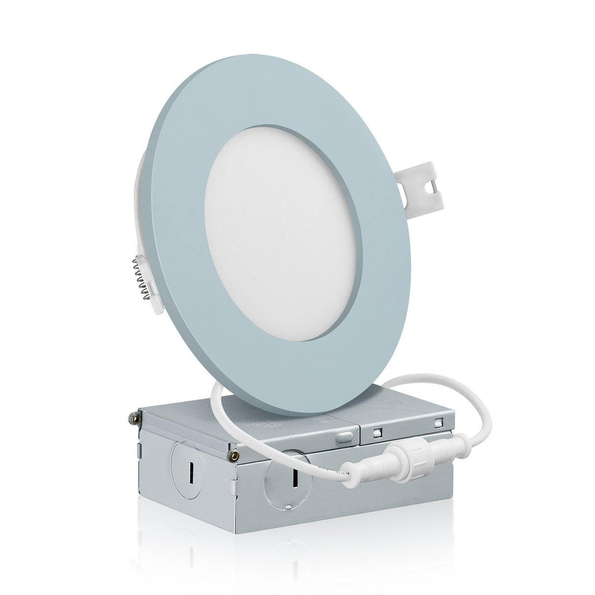 QPlus Spot LED encastrable fin de 10,2 cm avec boîte de jonction en métal, 10 W, 750 lm, CCT unique, intensité variable, certifié Energy Star, homologué ETL, classé IC, emplacement humide, garantie de 5 ans, bordure bleue