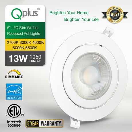 QPlus Lampe LED encastrable à cardan de 15,2 cm avec boîte de jonction en métal, 13 W, 1050 lm, CCT simple, intensité variable, certifié Energy Star, répertorié ETL, classé IC, emplacement humide, garantie de 5 ans