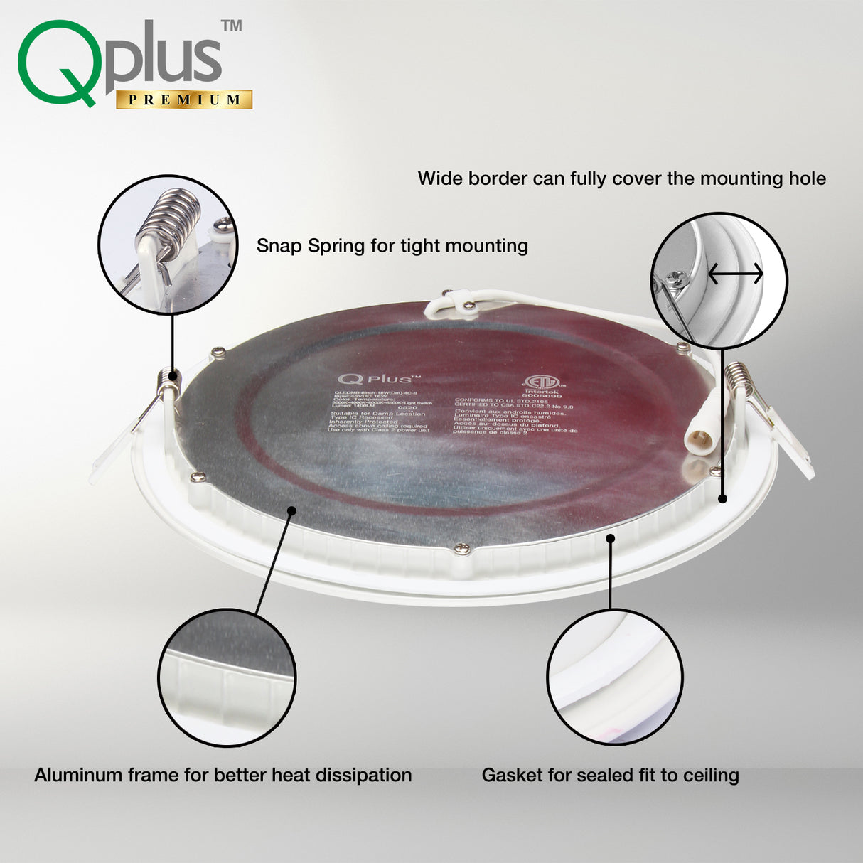 QPlus Spot LED encastrable fin de 20,3 cm avec boîte de jonction en métal, 18 W, 14 000 lm, 4 CS (3 000 K/4 000 K/5 000 K/6 500 K/interrupteur), variable, certifié Energy Star, répertorié ETL, classé IC, classé humide, garantie de 5 ans.