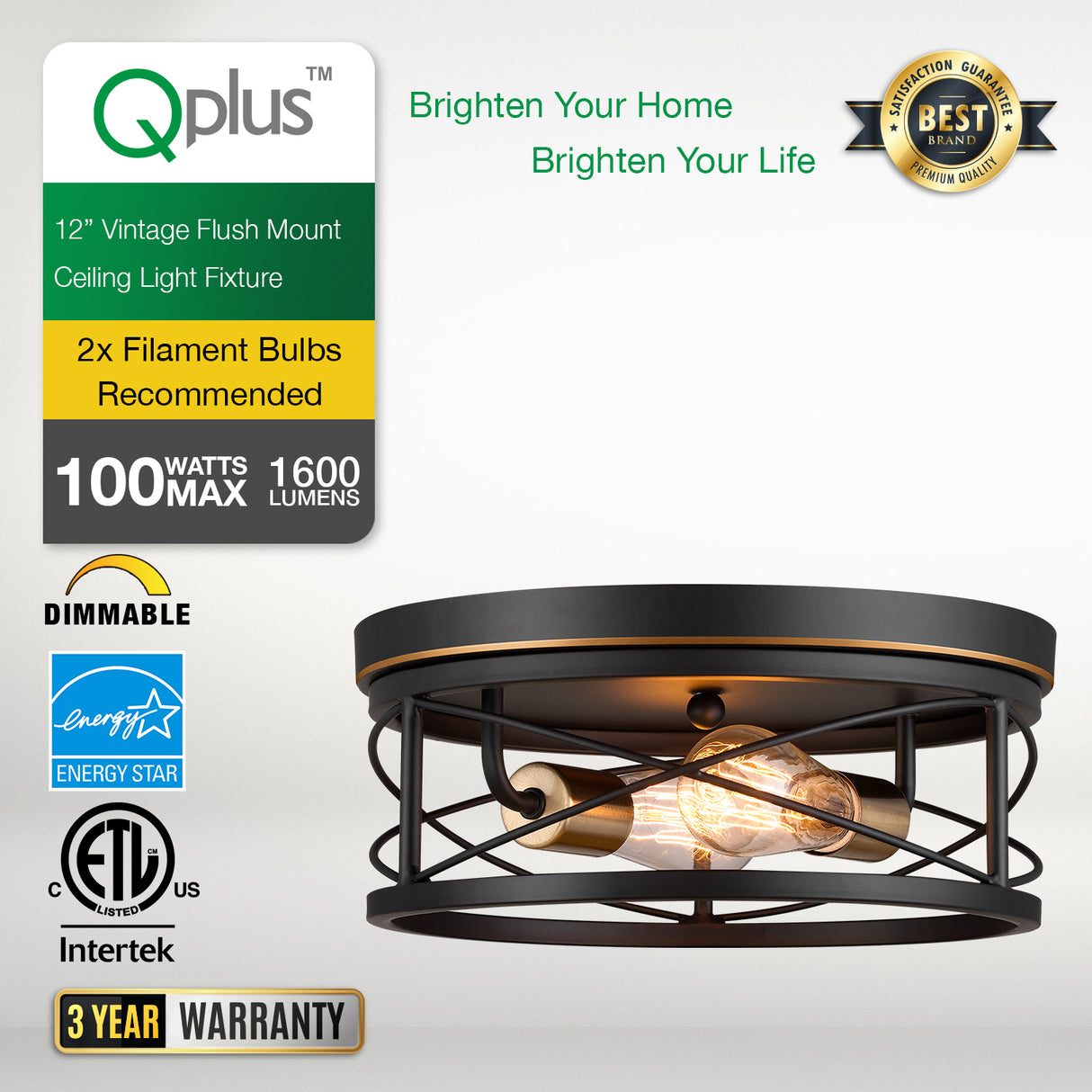 QPlus Plafonnier vintage encastré 30,5 cm avec 2 ampoules E26