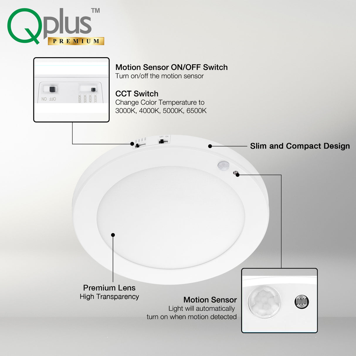 QPlus 9 pouces 4CCT réglable multi couleur température LED détecteur de mouvement encastré 16 W (blanc, argent et bronze)