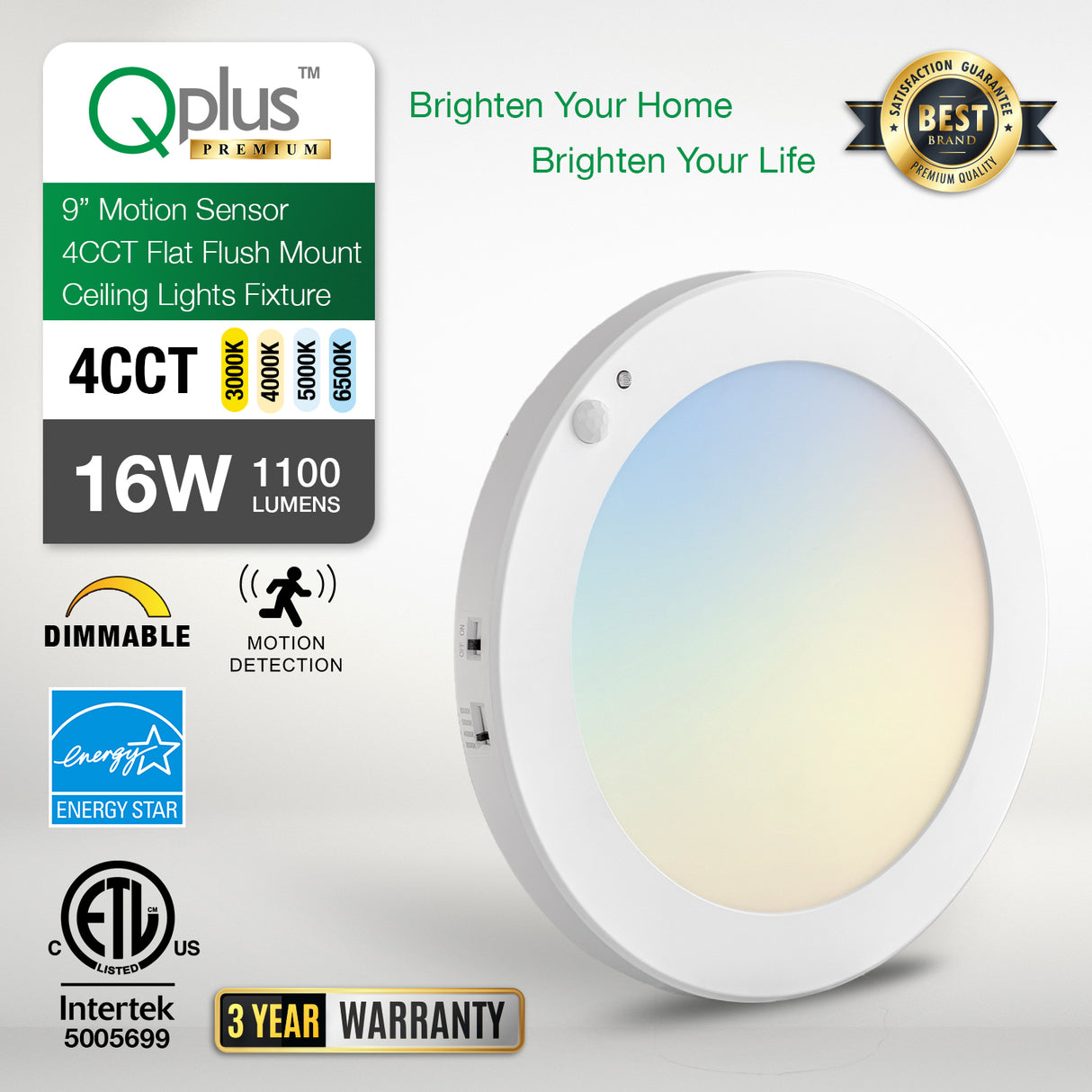 QPlus 9 pouces 4CCT réglable multi couleur température LED détecteur de mouvement encastré 16 W (blanc, argent et bronze)