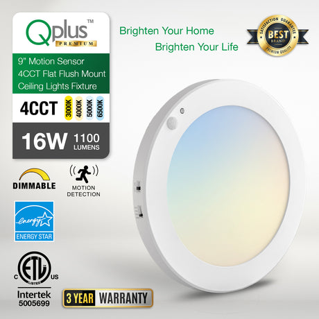 QPlus 9 pouces 4CCT réglable multi couleur température LED détecteur de mouvement encastré 16 W (blanc, argent et bronze)