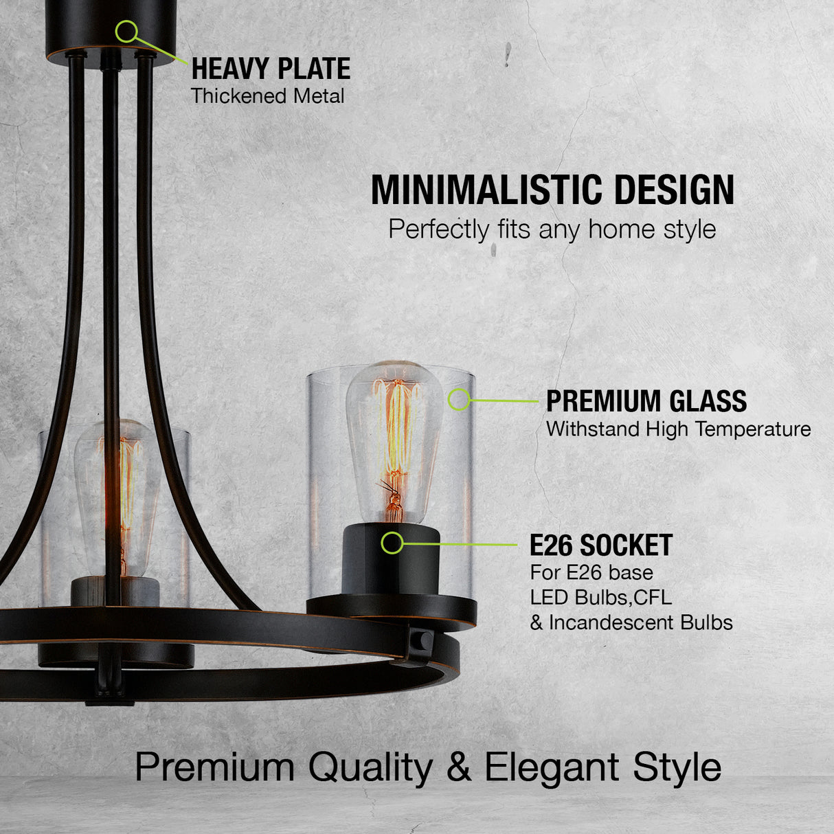 QPlus Lampe à suspension ronde rustique à 3 lumières avec culot d'ampoule E26 et abat-jour en verre transparent - Noir / Bronze