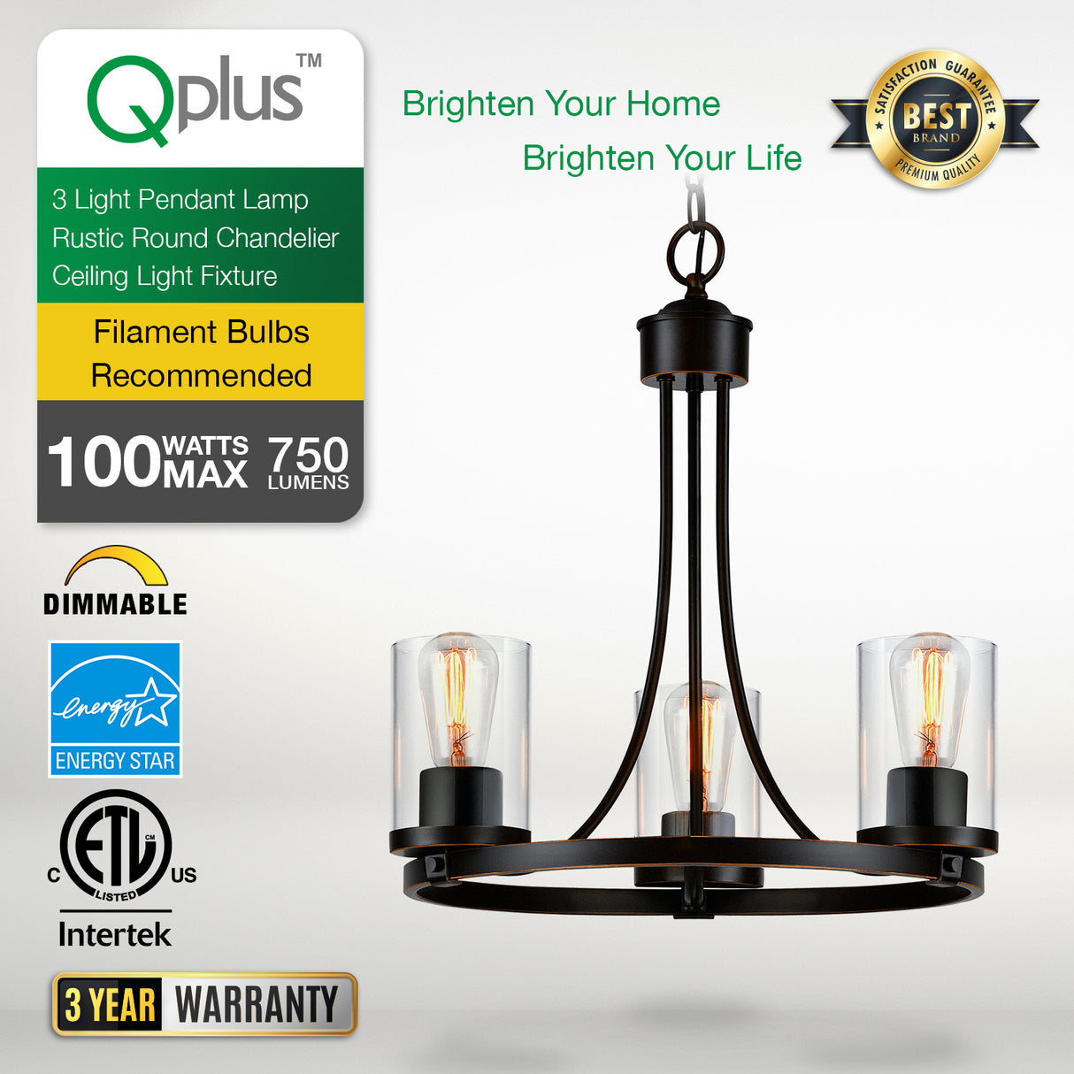 QPlus Lampe à suspension ronde rustique à 3 lumières avec culot d'ampoule E26 et abat-jour en verre transparent - Noir / Bronze