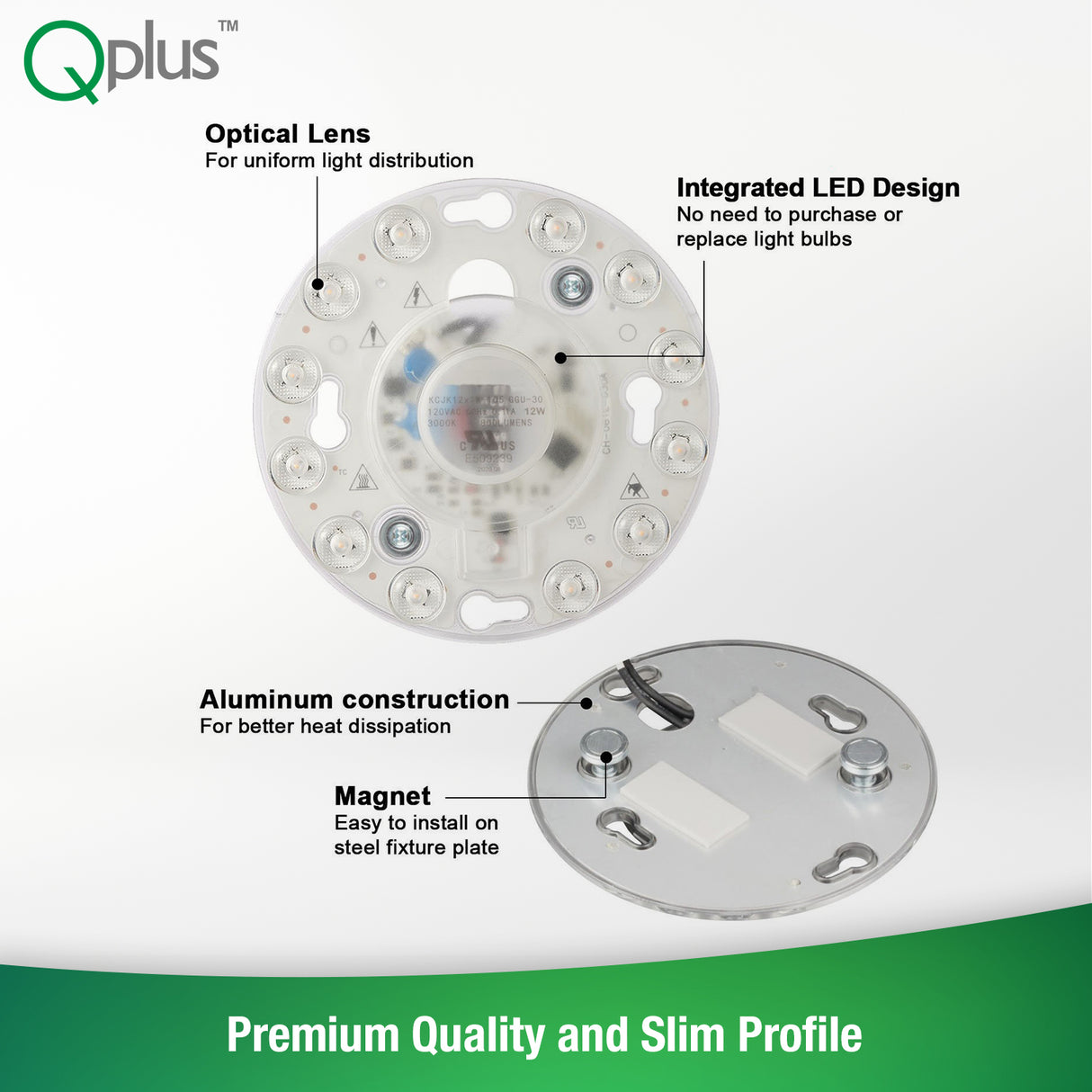Panneau de module circulaire LED QPlus, lumière de remplacement, 4,1 pouces, 12 W, 800 lm, 1 CCT (3 000 K/4 000 K/5 000 K), intensité variable, certifié Energy Star, liste ETL, garantie 5 ans