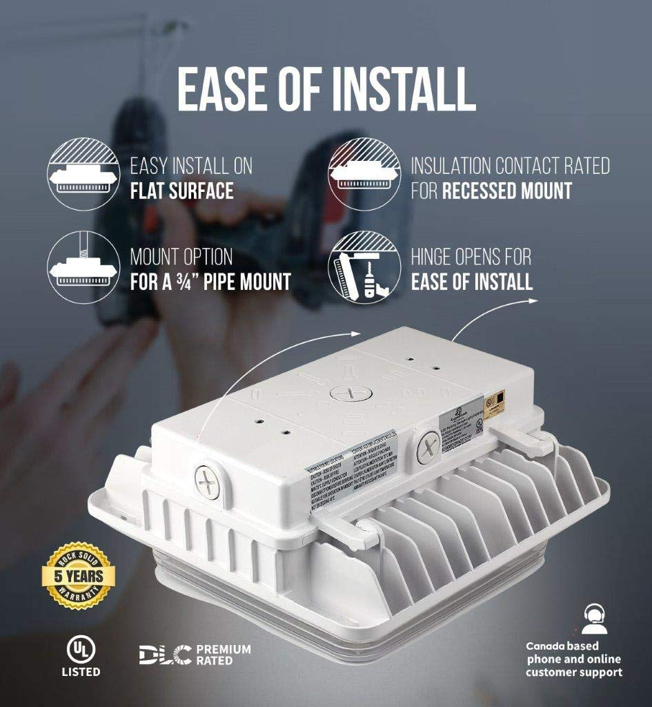 QPLUS Éclairage LED pour auvent de garage/stationnement en 55 W – Lumière du jour 5 000 K – IP65/cULus 120 V – 277 Volts