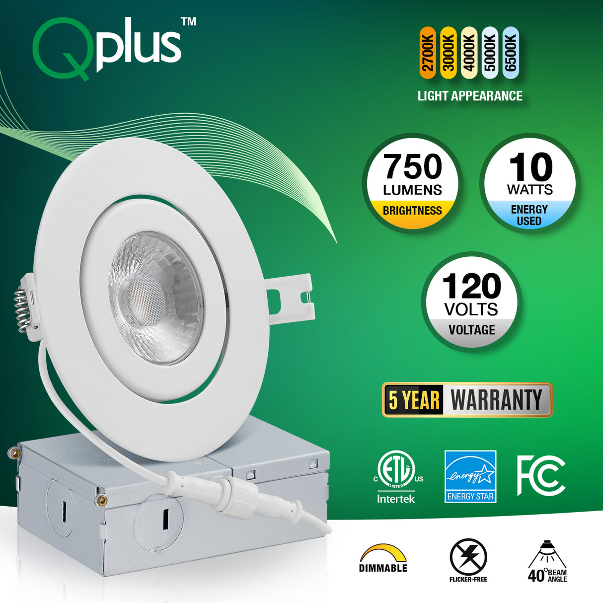 QPlus 4" LED Recessed Gimbal Pot Light 10W, 750LM, Single CCT