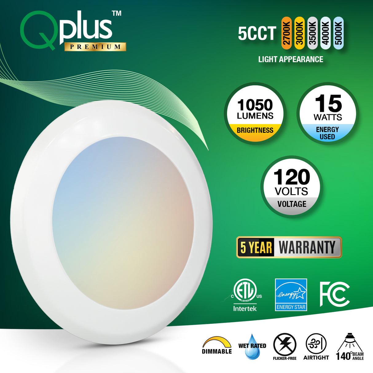 QPlus 7,5 pouces 4CS et 5CCT Plafonnier LED à couleur changeante à intensité variable 15 W/1050 lumens