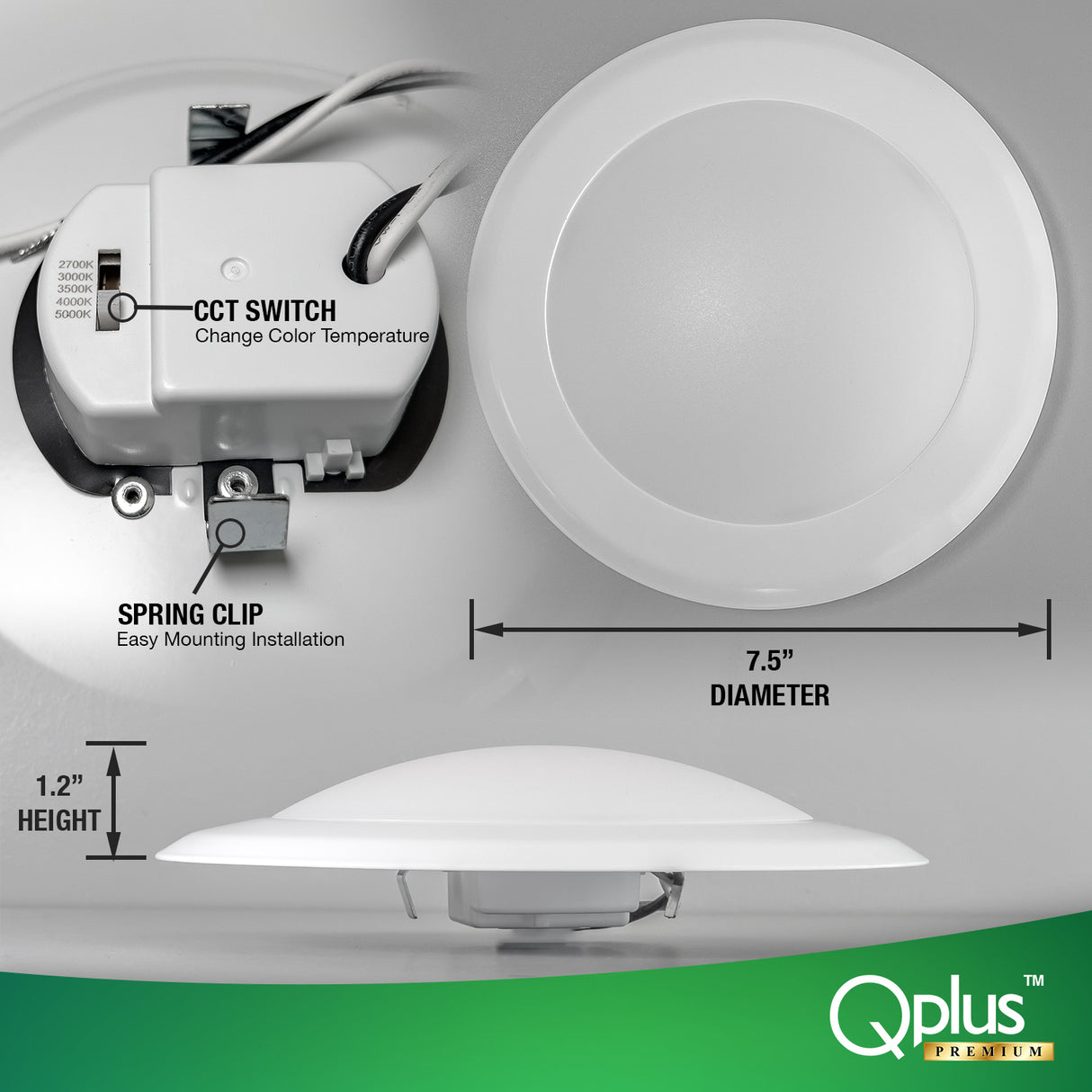 QPlus 7,5 pouces 4CS et 5CCT Plafonnier LED à couleur changeante à intensité variable 15 W/1050 lumens