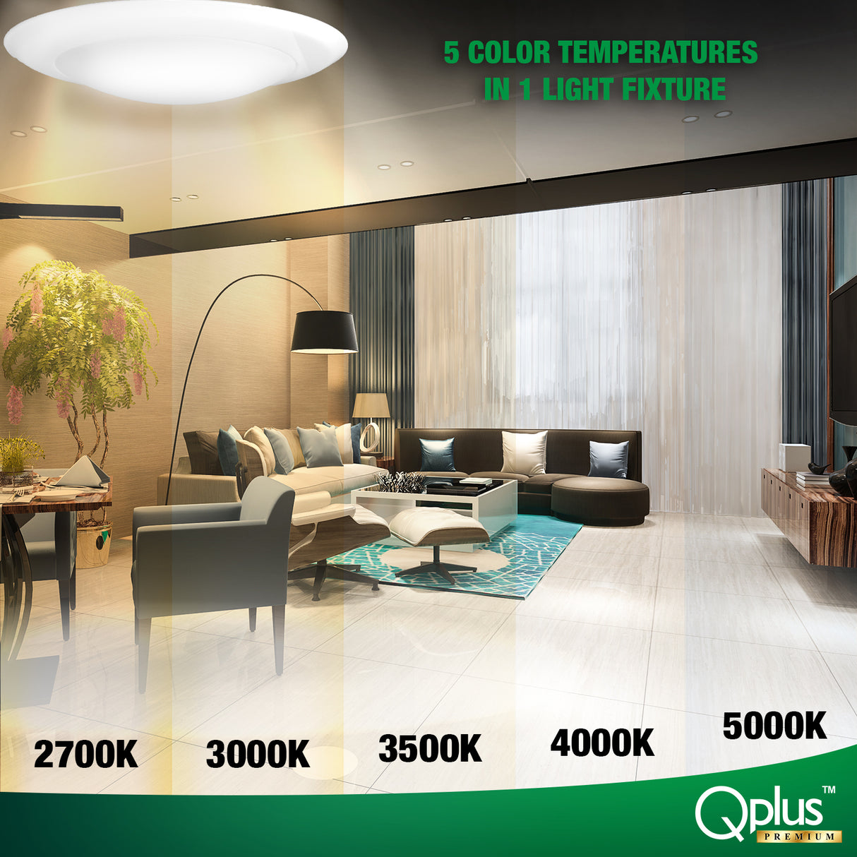 QPlus 7,5 pouces 4CS et 5CCT Plafonnier LED à couleur changeante à intensité variable 15 W/1050 lumens