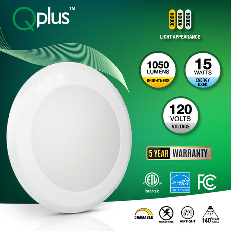 QPlus Plafonnier LED rond à intensité variable de 7,5 pouces, 15 W/1 050 lumens