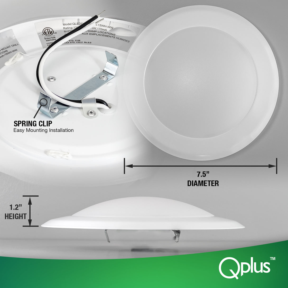 QPlus Plafonnier LED rond à intensité variable de 7,5 pouces, 15 W/1 050 lumens