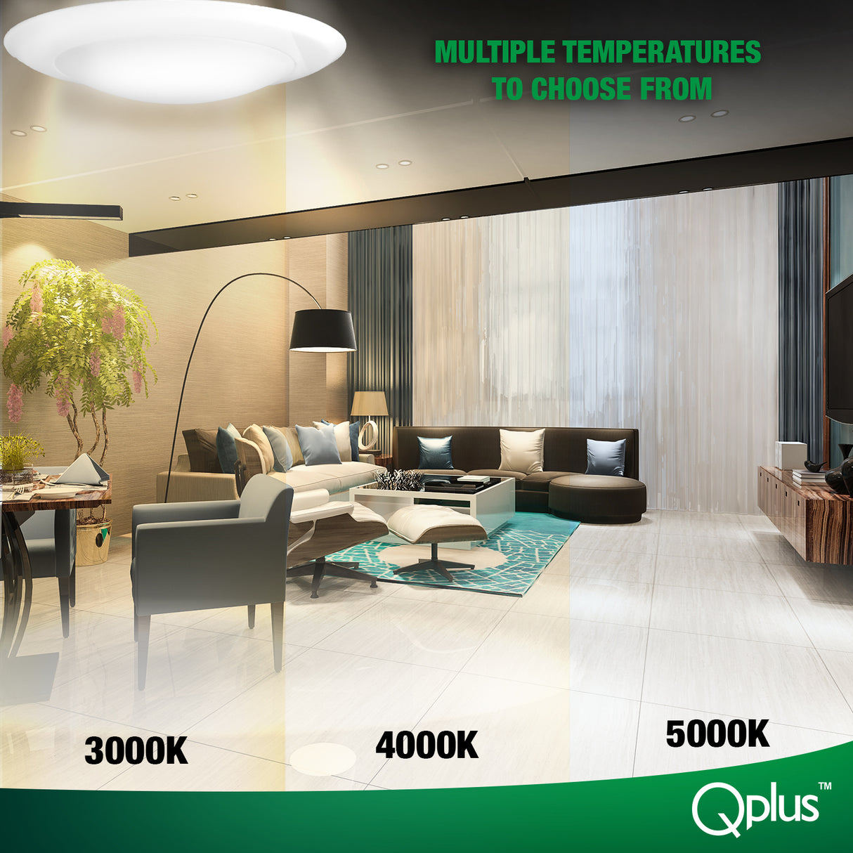QPlus Plafonnier LED rond à intensité variable de 7,5 pouces, 15 W/1 050 lumens