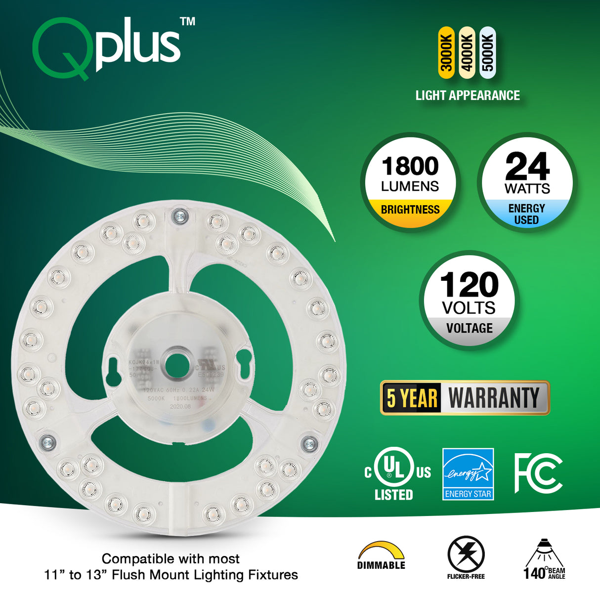 QPlus Panneau de module circulaire LED, lumière de remplacement, 7 pouces, 24 W, 1800 lm, 1 CCT (3 000 K/4 000 K/5 000 K), variable, compatible avec les luminaires encastrés de 11 à 13 pouces, certifié Energy Star, répertorié ETL, garantie de 5 ans