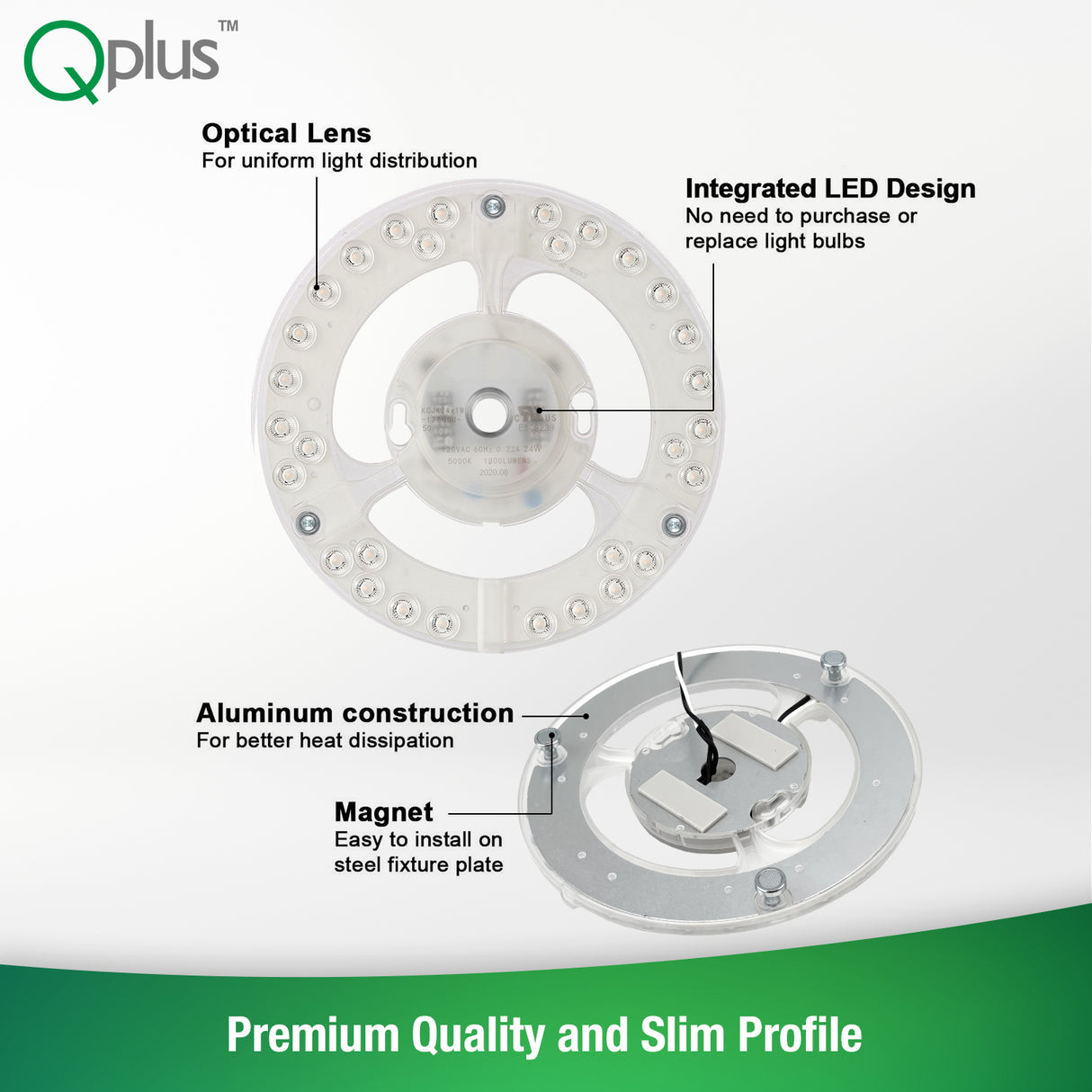 QPlus Panneau de module circulaire LED, lumière de remplacement, 7 pouces, 24 W, 1800 lm, 1 CCT (3 000 K/4 000 K/5 000 K), variable, compatible avec les luminaires encastrés de 11 à 13 pouces, certifié Energy Star, répertorié ETL, garantie de 5 ans