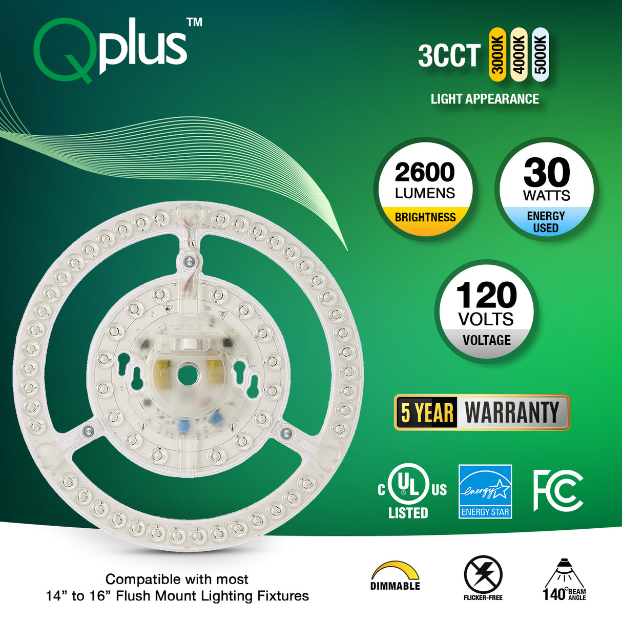 QPlus Panneau de module circulaire LED, lumière de remplacement, 9,4 pouces, 30 W, 2600 lm, 3 CCT (3 000 K/4 000 K/5 000 K), variable, compatible avec les luminaires encastrés de 14 à 16 pouces, certifié Energy Star, répertorié UL, garantie de 5 ans