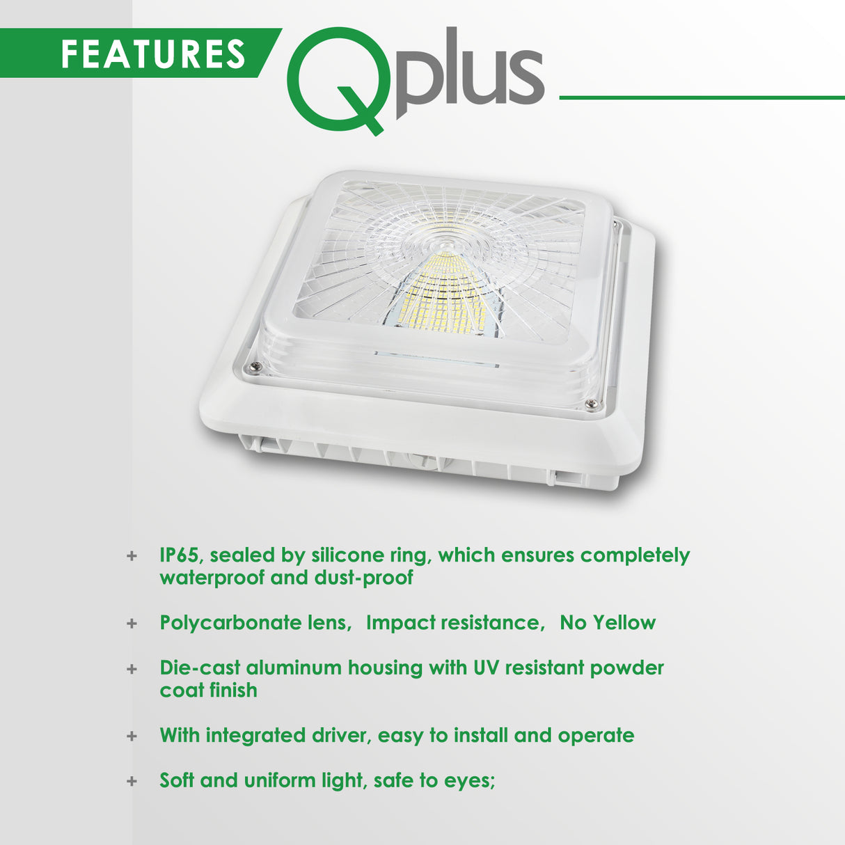 QPLUS Éclairage LED pour auvent de garage/stationnement en 55 W – Lumière du jour 5 000 K – IP65/cULus 120 V – 277 Volts