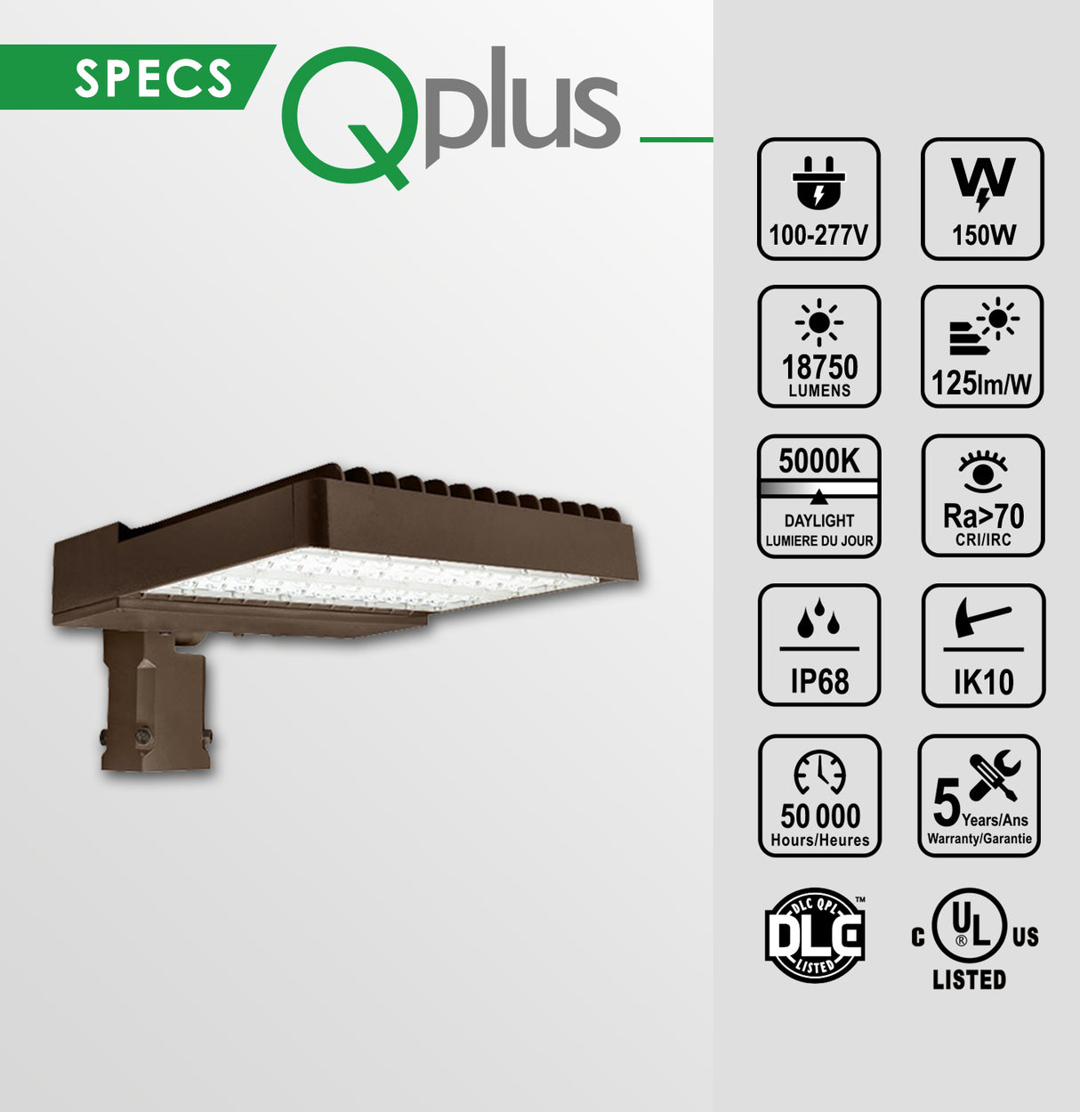 QPlus LED Parking Shoebox Luminaire sur poteau Lumière du jour Blanc 5000K en 150W, 300W et 400W