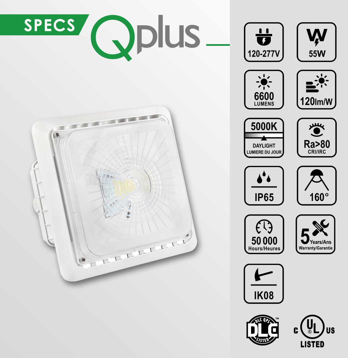 QPLUS Éclairage LED pour auvent de garage/stationnement en 55 W – Lumière du jour 5 000 K – IP65/cULus 120 V – 277 Volts