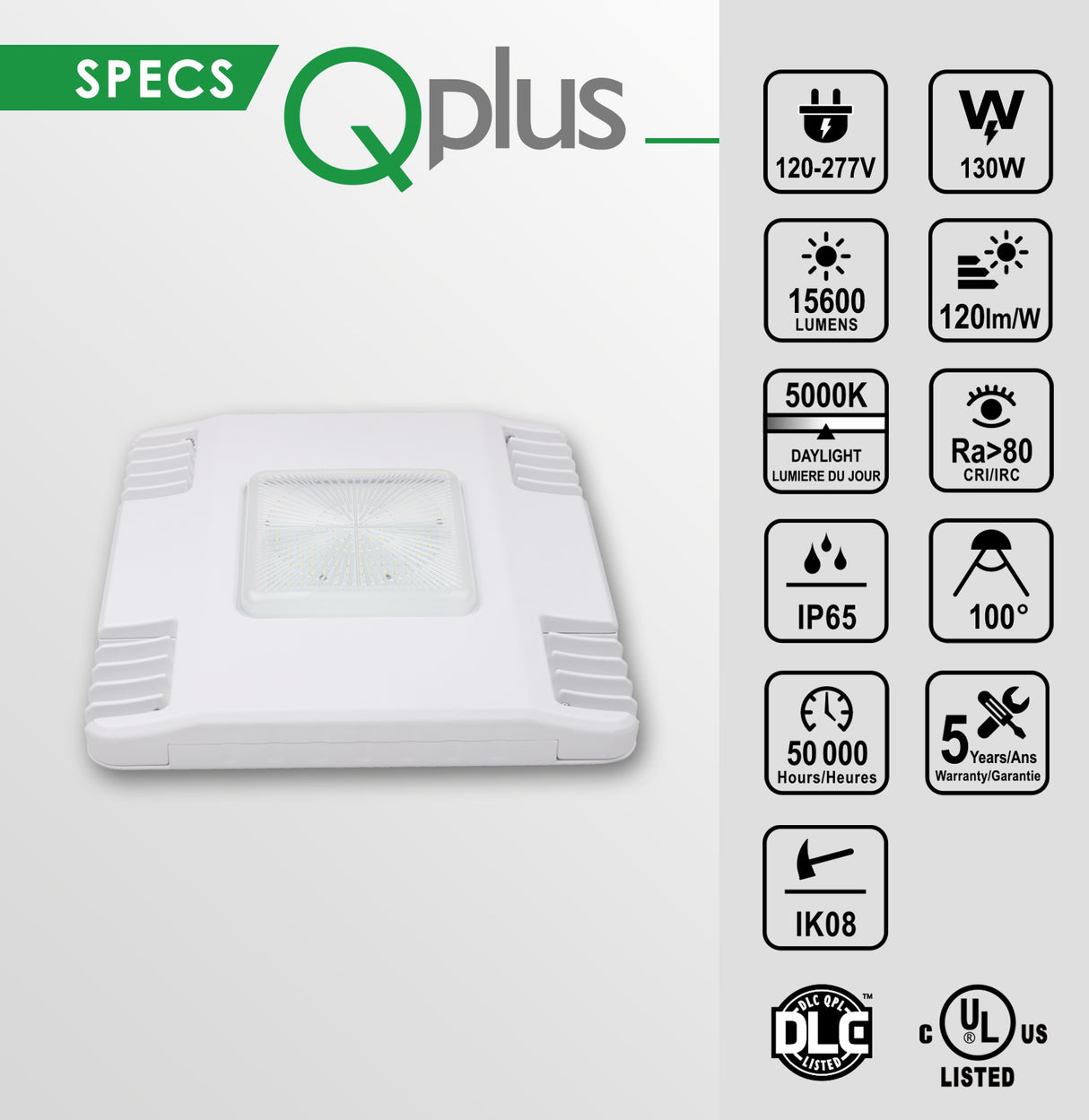 QPLUS Lampe LED pour auvent pour station service – Lumière du jour 5 000 K – IP65/cULus 130 watts/14 528 lumens