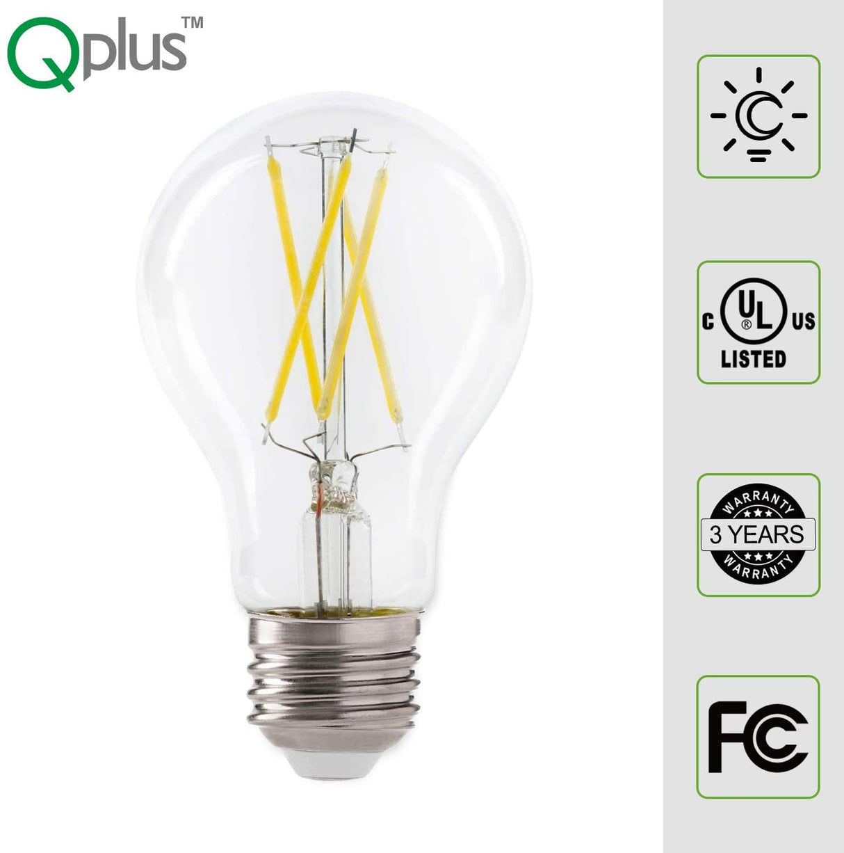 QPlus Ampoule LED à filament photocellule A19, 9 W, 800 lm, 1 CCT (3 000 K/5 000 K), non variable, capteur du crépuscule à l'aube, certifié Energy Star, répertorié UL, garantie de 3 ans