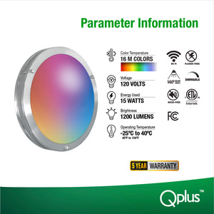 Qplus 12 Inch Smart LED Flush Mount Ceiling Light, Double Ring, WiFi-No Hub, RGB 16 Million Colors & Tunable White (2700K-6500K)15 Watts 1250LM, Works with Alexa & Google Assistant