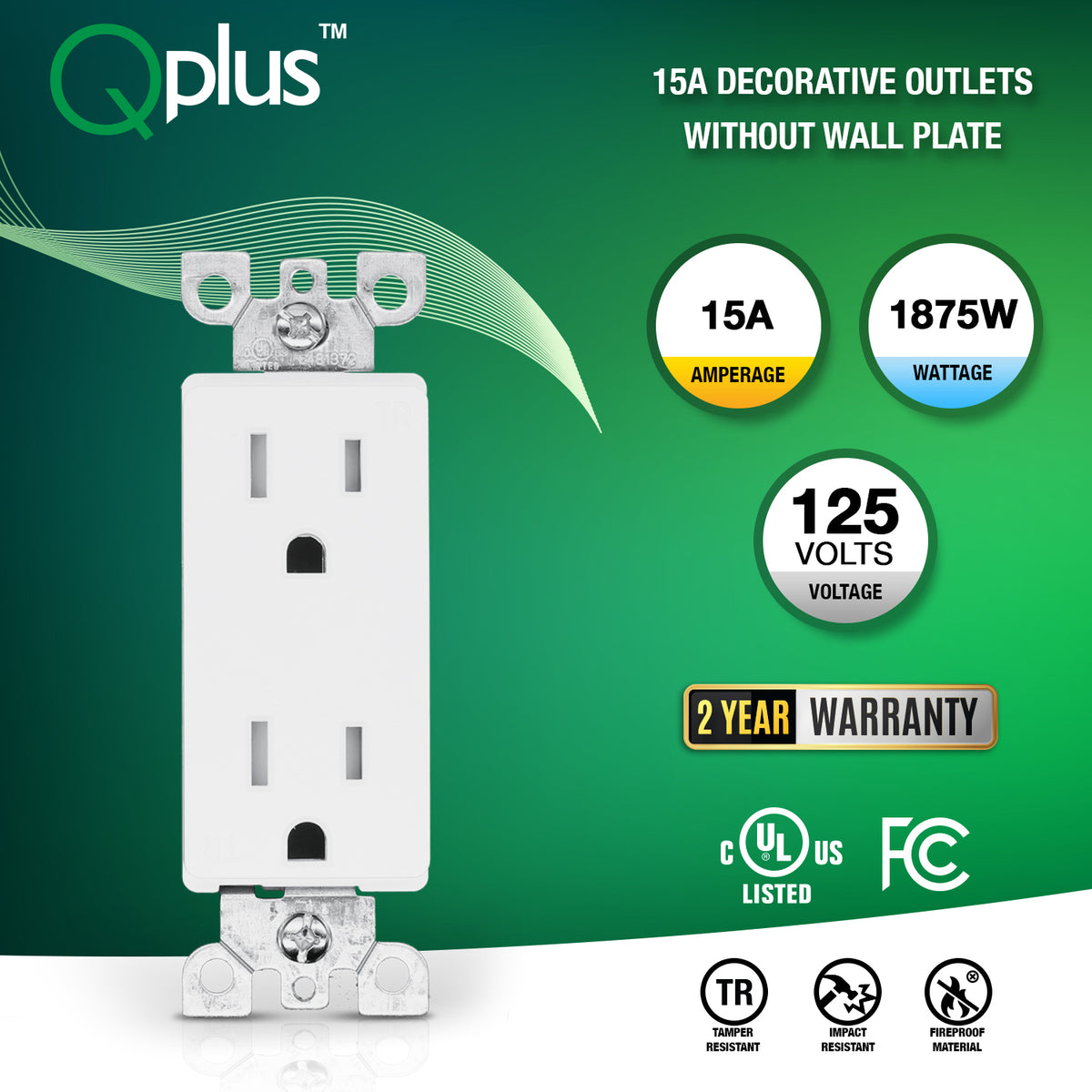 15A Wall Outlet - Residential & Commercial Use, UL/cUL Listed - White