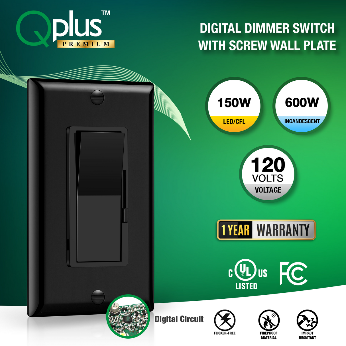 QPlus Premium Variateur 3 voies 2e génération avec plaque à vis – Certifié cUL et FCC (circuit numérique) – Noir