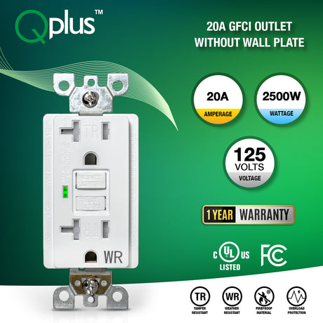 QPlus Prise de courant GFCI 20 A inviolable et résistante à l'eau avec indicateur LED 2 500 W – Certifié UL 