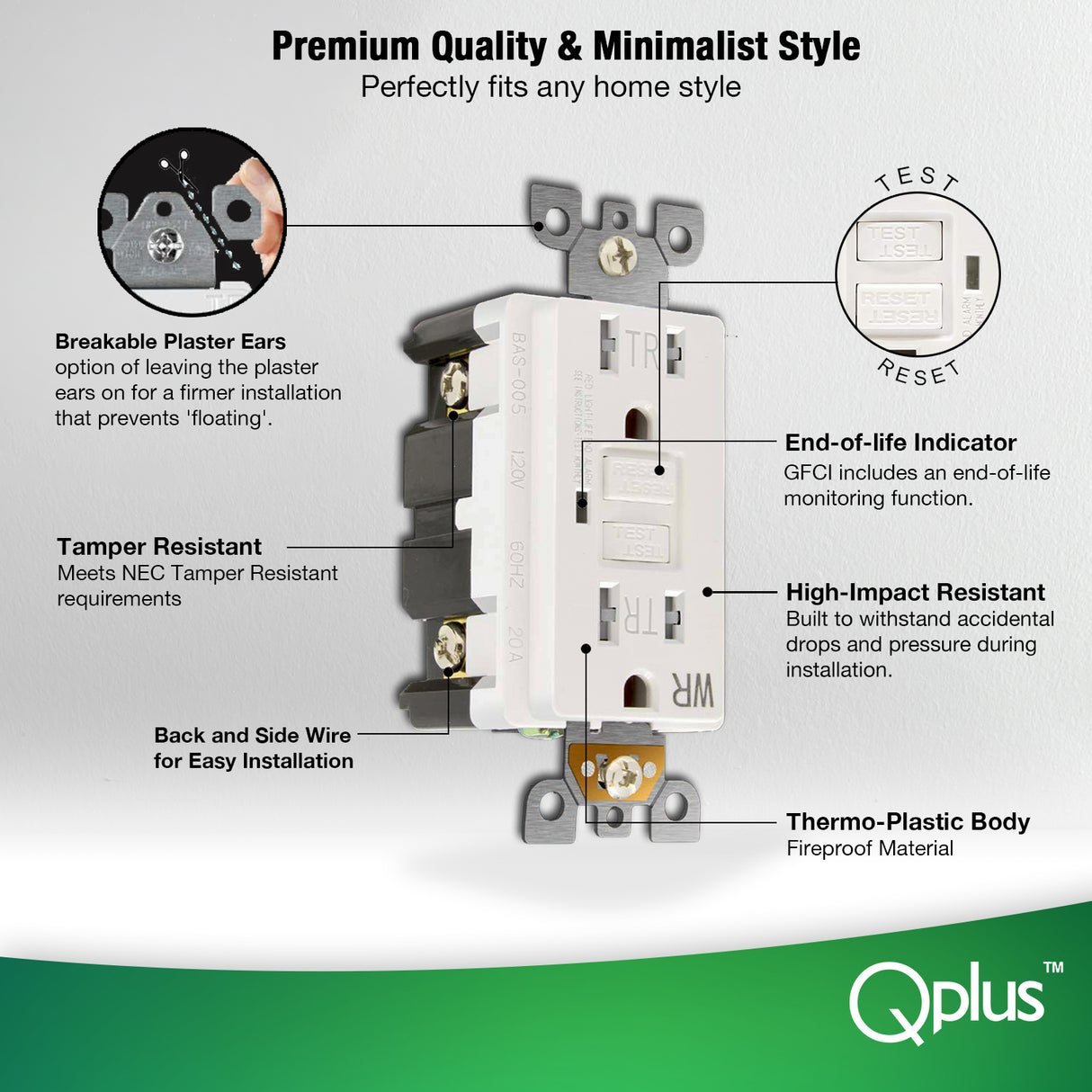 QPlus 20Amp Tamper & Water Resistant GFCI Receptacle Outlet with LED Indicator 2500W - UL Listed