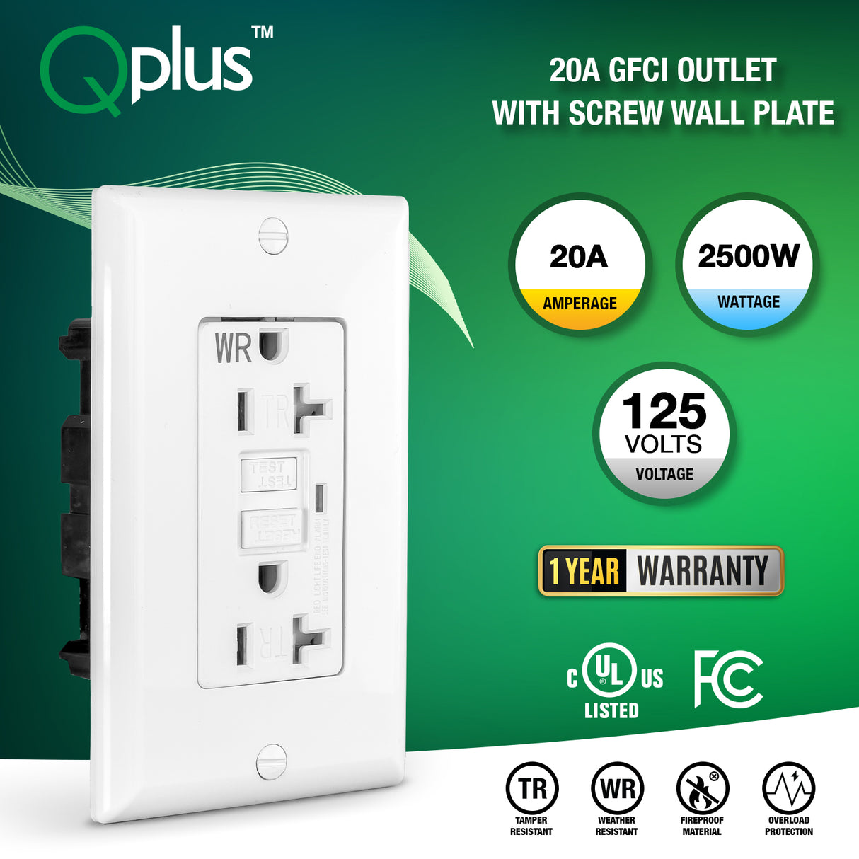 QPlus 20Amp Tamper & Water Resistant GFCI Receptacle Outlet with LED Indicator 2500W - UL Listed