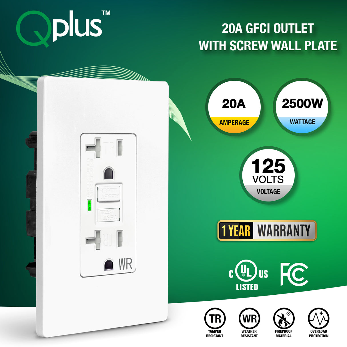 QPlus 20Amp Tamper & Water Resistant GFCI Receptacle Outlet with LED Indicator 2500W - UL Listed