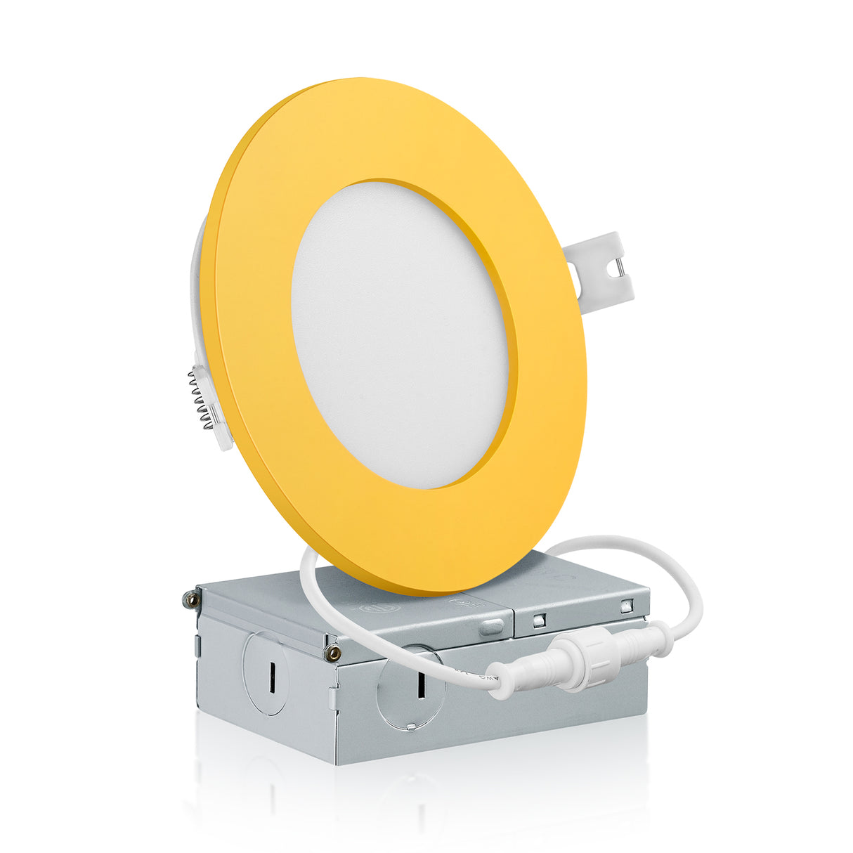 QPlus Spot LED encastrable fin de 10,2 cm avec boîte de jonction en métal, 10 W, 750 lm, CCT unique, intensité variable, certifié Energy Star, homologué ETL, classé IC, emplacement humide, garantie de 5 ans, bordure jaune