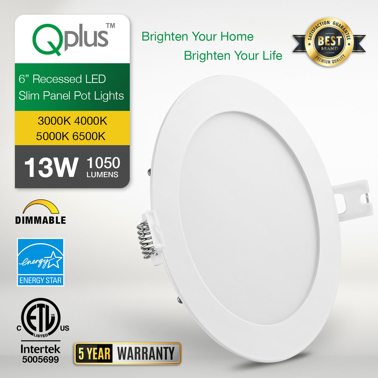 QPlus Spot LED encastrable fin de 15,2 cm avec boîte de jonction en métal, 13 W, 1050 lm, CCT unique, intensité variable, certifié Energy Star, homologué ETL, classé IC, emplacement humide, garantie de 5 ans