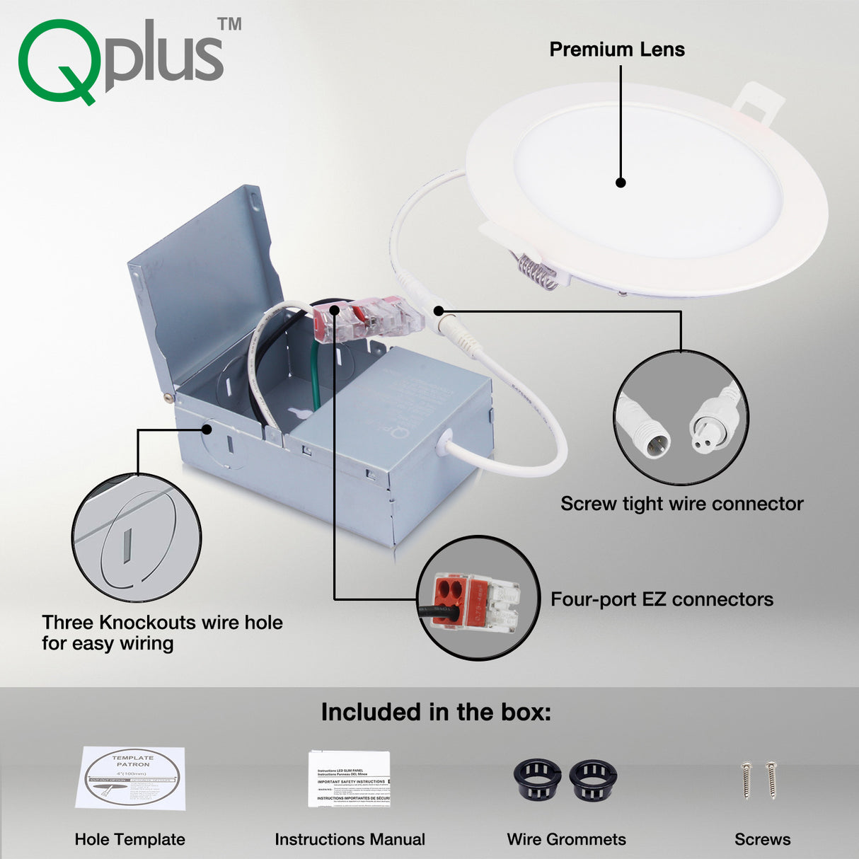 QPlus Spot LED encastrable fin de 15,2 cm avec boîte de jonction en métal, 13 W, 1050 lm, CCT unique, intensité variable, certifié Energy Star, homologué ETL, classé IC, emplacement humide, garantie de 5 ans