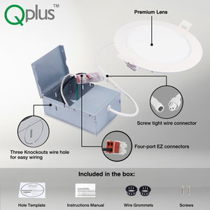 QPlus Spot LED encastrable fin de 15,2 cm avec boîte de jonction en métal, 13 W, 1050 lm, CCT unique, intensité variable, certifié Energy Star, homologué ETL, classé IC, emplacement humide, garantie de 5 ans