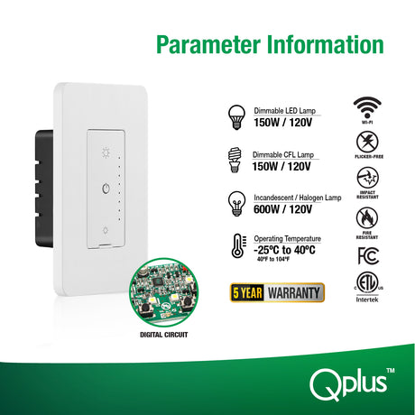 QPlus 3Way Smart Wifi Dimmer Switch - cUL & FCC Certified (Digital Circuit) with Wall Plate