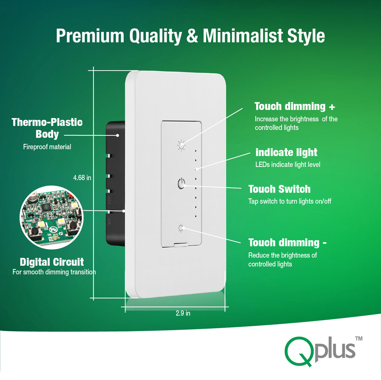 QPlus 3Way Smart Wifi Dimmer Switch - cUL & FCC Certified (Digital Circuit) with Wall Plate