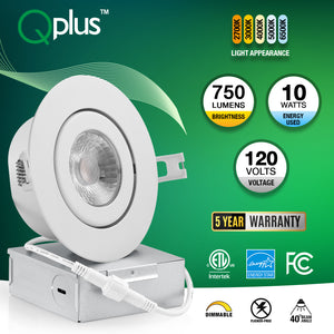 QPlus Lampe LED encastrable à cardan hermétique de 10,2 cm avec boîte de jonction en métal, 10 W, 750 lm, CCT unique, intensité variable, certifié Energy Star, répertorié ETL, classé IC, emplacement humide, garantie de 5 ans