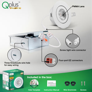 QPlus Lampe LED encastrable à cardan hermétique de 10,2 cm avec boîte de jonction en métal, 10 W, 750 lm, CCT unique, intensité variable, certifié Energy Star, répertorié ETL, classé IC, emplacement humide, garantie de 5 ans